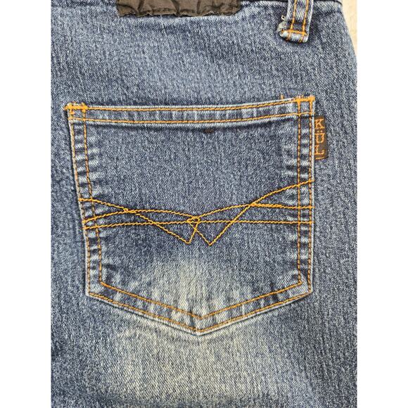 Vintage KUL USA Ribbon Lace Side Detail Mid Rise Flare Jeans Size 11 Blue Brown - Picture 4 of 14